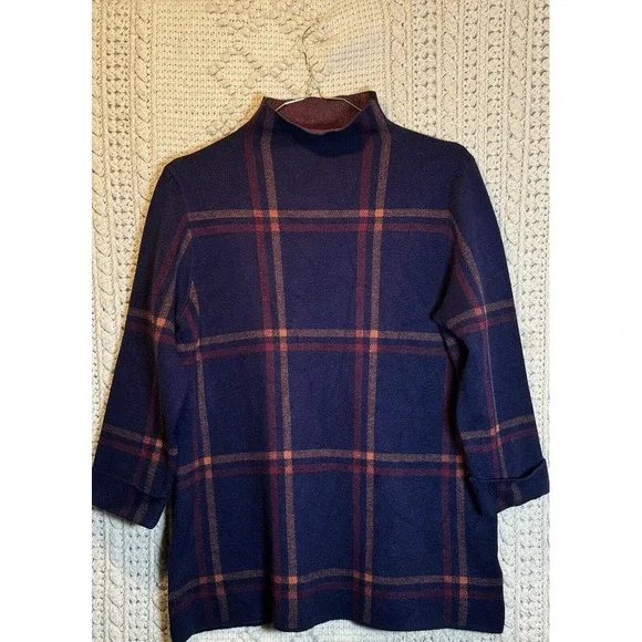 Max Studio Women's Top Sweater Short Sleeve Plaid Navy Multicolor Mock Neck Sz M - Picture 1 of 3